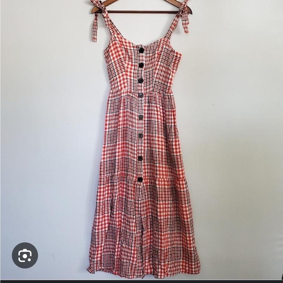 UO Positano Tie-Shoulder Midi Dress - Red Plaid Button Down Dress with Pockets - Picture 7 of 12